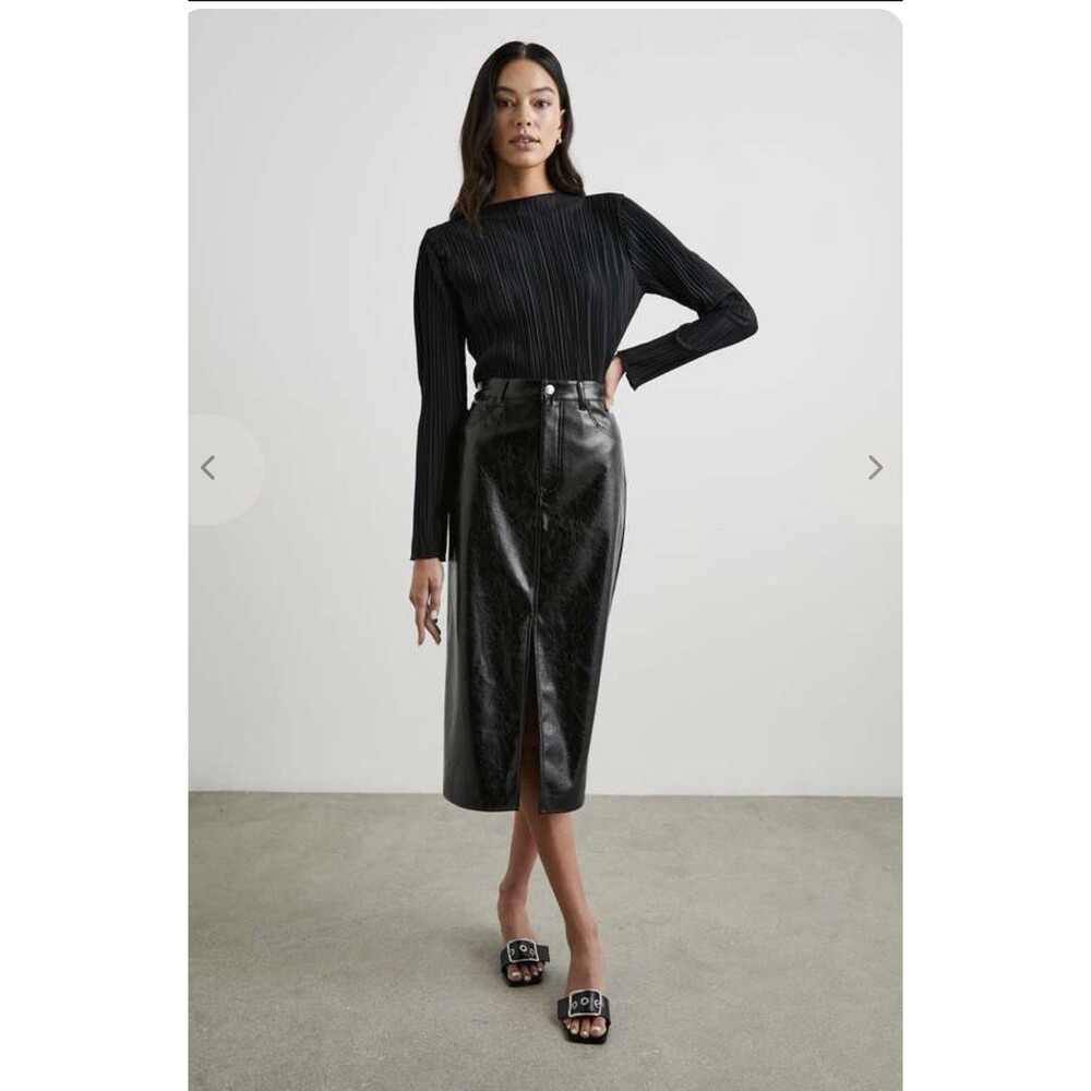 Rails Norma NWT Black Patent Crinkle Faux Leather Midi Skirt Front Slit Size 6